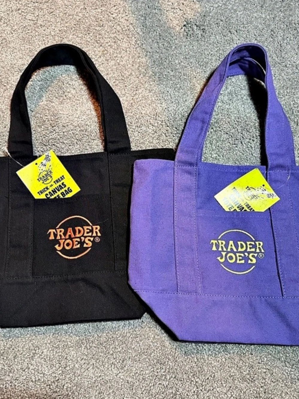 Trader Joe's Trick or Treat Canvas Tote Bag Set of 2 Purple & Black